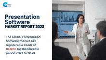 a presentation software market report for 2023 shows a woman giving a presentation to a group of people