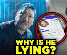 a picture of a man next to a phone with the words " why is he lying "