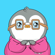 a cartoon penguin wearing glasses and a pink sweater