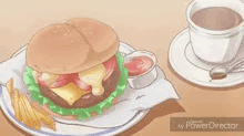 there is a hamburger and french fries on a plate with a cup of coffee .