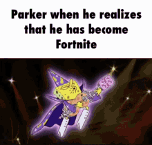 a cartoon of spongebob playing a guitar with the words " parker when he realizes that he has become fortnite " below him