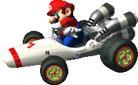 a cartoon of mario driving a race car with the letter m on it