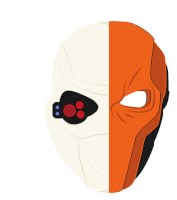 a half white and half orange mask with a black eye