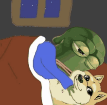 a cartoon of a frog laying on a dog