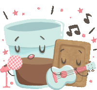 a cartoon illustration of a cup of coffee holding a microphone and a cookie holding a guitar