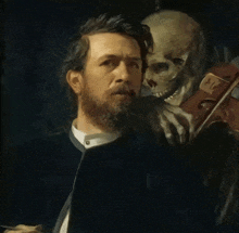 a painting of a man holding a violin with a skull behind him