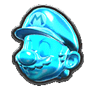 a blue statue of mario with a m on his hat .