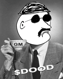 a man in a suit and tie is holding a cup of gm coffee