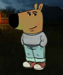 a cartoon bear wearing a grey sweater and blue jeans