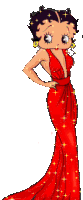 betty boop is wearing a long red dress and earrings