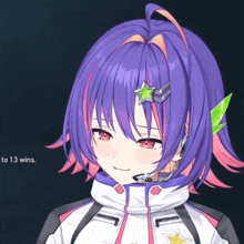 a girl with purple hair has a green star in her hair and the words to 13 wins behind her