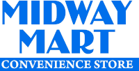 a blue and white logo for a midway mart convenience store