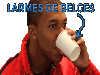 a man drinking from a paper cup with the words larmes de belges behind him