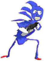 a cartoon of sonic the hedgehog running with a gun in his hands .