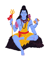 a blue and yellow statue of shiva sitting on a rock holding a trident