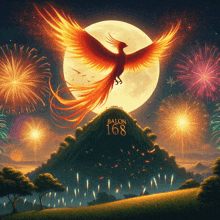 a painting of a phoenix flying over a mountain with the number 168