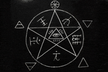 a chalk drawing of a pentagram with a triangle with an eye in the center