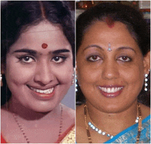 a woman with a red dot on her forehead smiles