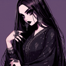 a drawing of a woman with long black hair wearing a black dress