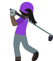 a woman in a purple shirt and purple hat swings a golf club