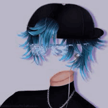 a person with blue hair is wearing a hat and headphones without a head .