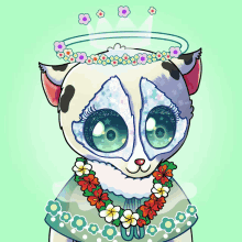 a drawing of a cat wearing a flower crown and a flower necklace