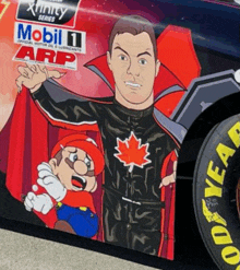 a cartoon of a man with mario and a maple leaf on the side of a race car