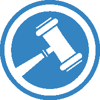 a blue circle with a white judge 's gavel inside