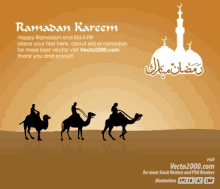 a ramadan kareem greeting card with camels and a mosque in the background