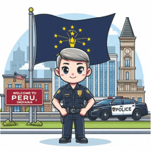 a police officer is holding a flag in front of a welcome to peru indiana sign