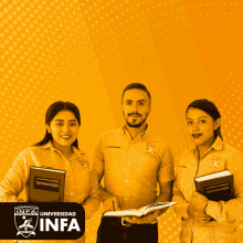 a man and two women are standing next to each other holding books in front of a sign that says universidad infa