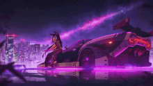 a futuristic car with a girl standing next to it and a purple sky in the background