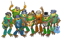 a group of monsters are playing instruments including a banjo