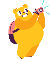 a bear with a backpack is holding a pink camera