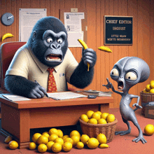 a cartoon of a gorilla and an alien with a sign that says chief editor ihoist