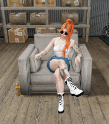 a woman sits in a chair with a bottle of orange juice on the floor