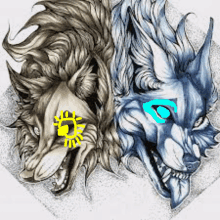 a drawing of a wolf with a yellow eye and a blue eye