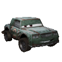 a green toy truck from cars with a face on it is on a white background .