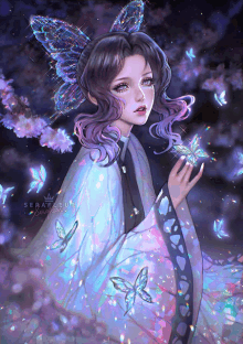 a painting of a girl with purple hair and a butterfly behind her