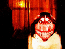 a scary dog with a large smile on its face is standing in a dark room .