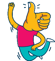 a cartoon drawing of a person jumping with a thumbs up