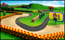 a cartoon of a race track with a sign that says mario