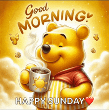 winnie the pooh is holding a cup of coffee and says good morning