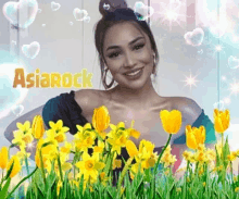 a picture of a woman surrounded by yellow flowers with the name asiarock on the bottom right