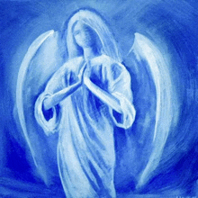 a painting of a blue angel with white wings on a blue background