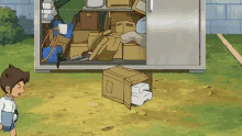 a boy in a cartoon is standing in front of a cardboard box that is sitting on the ground .