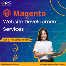 a woman is holding a laptop in front of a magento website development services advertisement