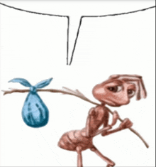 a cartoon ant is carrying a blue bag on a branch