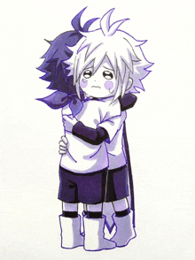 a drawing of a boy hugging another boy who is crying