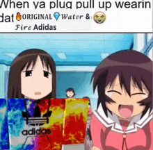 two anime girls are standing next to each other in a hallway wearing fire adidas sweatshirts .